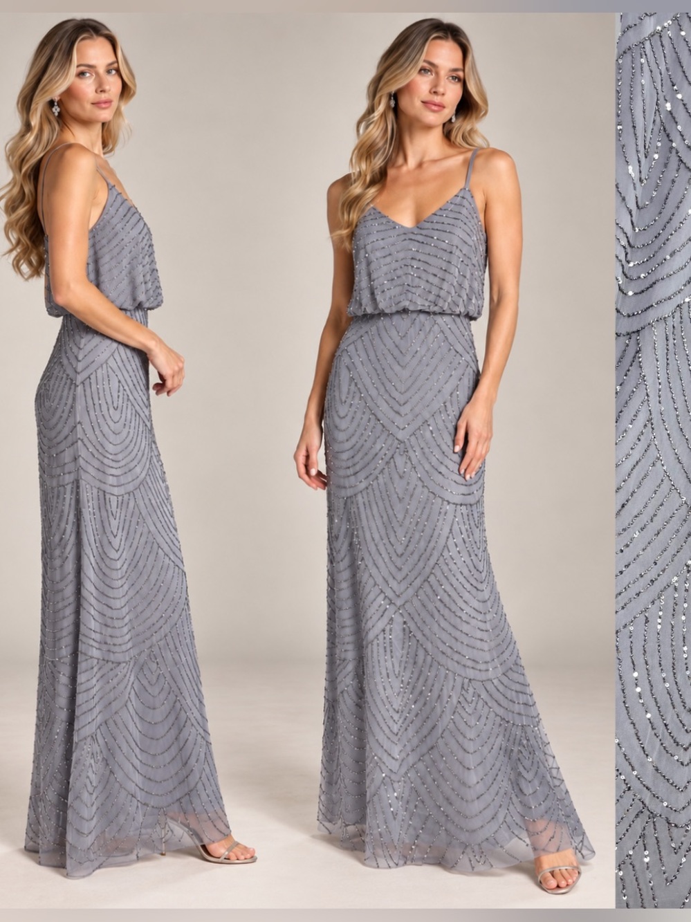 Adrianna Papell Gray Beaded Maxi Dress Art Deco Sequin Gown Mesh Wedding Glam 2